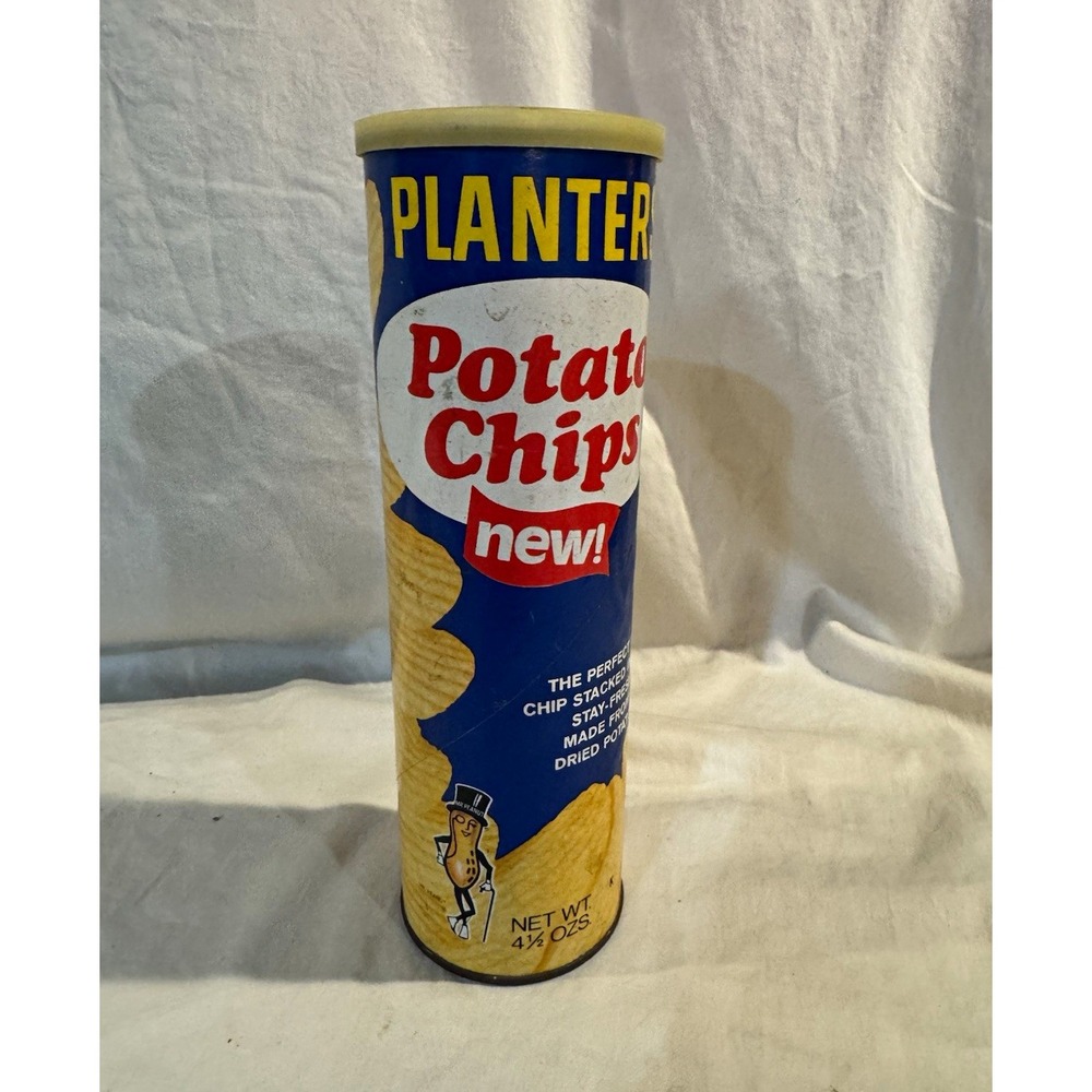 Vintage Planters Potato Chips Canister w/ Plastic Reseal Lid 4 1/2 oz